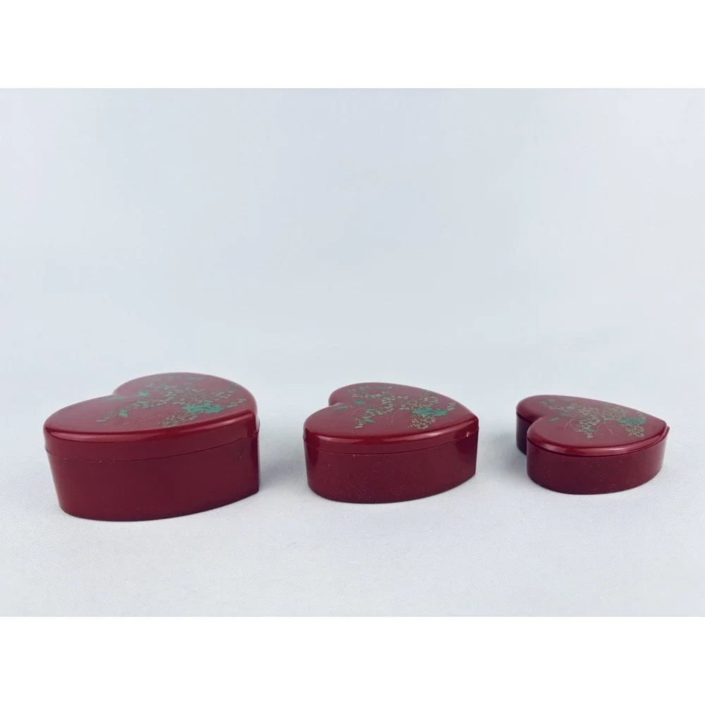 Vintage Red Nesting Heart Trinket Boxes Hong Kong - Plastic Floral Flowers Set 3